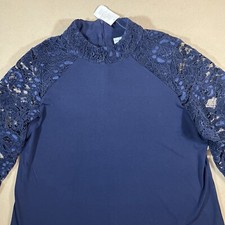 Susan Graver Liquid Knit A-Line Shirt with Lace Sleeves Large Navy New