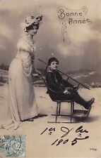 Vintage Postcard Cat Postcard Photo Happy New Year 1905 Snow Sled Chair