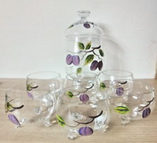 Service à punch en verre, peint à la main, décor prune, vintage, vaisselle déco