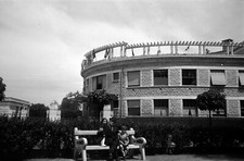 Family Portrait Sitting Bench Building Antique Architecture Negative Photo Year 1950