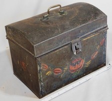 Antique large tole hand painted box jewelry tin trinket swags 19th c. document
