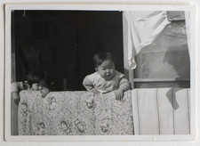 Two Hidden Kids, Window - Vintage Antique Photo Snapshot Japan