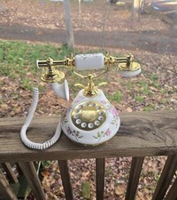 White Porcelain Push button French Style Phone With Roses Pattern. 6"W x 8"H