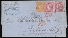 PROMO SPECIALE TB lettre de Bordeaux pour Valparaiso Chili 1873  TB affranchis.