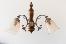 Vintage 3 Branch Wood and Brass Chandelier Glass Tulip Lampshade Ceiling Light