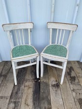 Pair of old bistro LUTERMA grey wood chairs + vintage green seat #C688