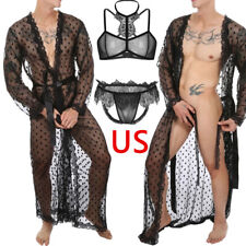 Freebily Sexys Men See-Through Lace Night-Robe Transparent Sleepwear Lingerie