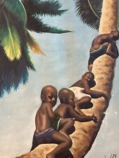 Belle Peinture Huile sur Toile École Africaine 1960 Enfant Afrique Palmier Art