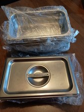 6 Stainless Steel Steam Table Food Service Trays With Lids 1/4 Sz. Appr.6X10X3