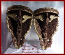 Indonesia Pair of Antique Wooden Consoles Carved from Raptors Snakes Flowers