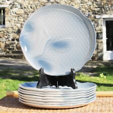 Ensemble de 8 assiettes plates à poisson vintage en faïence de Salins gris