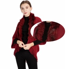 Femme Tricot Poncho Cape Châle Veste Faux Fox Fourrure Cardigan Écharpe Rouge