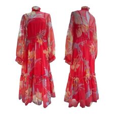 Vintage 70s JAC AN Womens S Long Floral Maxi Dress Sheer Overlay Ruffle Retro