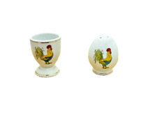 ancien ensemble porcelaine coquetier et salière assortie motif coq