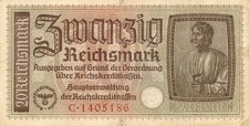 Currency Germany 1940 WW2 Fascism War Era 20 Reichsmark Zwanzig Circulated WORN!
