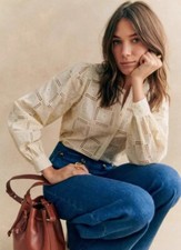 sezane Women's Cotton Long Sleeve Stereoscopic Embroidered Round Neck Shirt