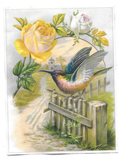 4 anciens chromos  H. 12-14 cms roses  H. 9 cms + 1 + grand à l'oiseau H. 19 cm