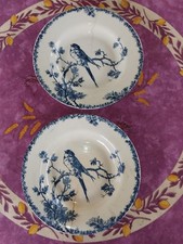 2 Assiette Creuse Terre de Fer Porcelaine Opaque Gien Provençal Oiseau Bleu 23,5