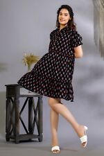 Femmes Col Manches Courtes Boutonné Coton Mini Robe Chemise Tunique