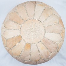 Cream Moroccan Leather Pouf – Handmade Ottoman Footstool – Genuine Leather Boho