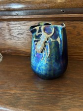Art Nouveau Vase Heliosine Austrian Pottery Iridescent Stag Scarab Beetle 6”