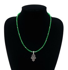 Fatma (Khamsa) Hand Medallion Emerald Silver Pearl Necklace 925 Silver