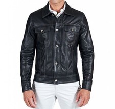 Manteau homme Abez slim fit noir camionneur en cuir d'agneau veste style chemise