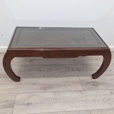 Vintage Oriental Chinese Carved Coffee Table With Glass Top