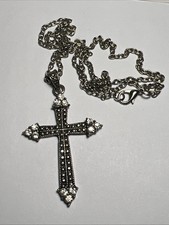 Faux Marcassite Rhinestone Cross Pendant Necklace Silver Tone