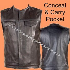 Leather Motorcycle Biker Club Outlaw Vest Conceal Carry Pocket Solid Piece Back