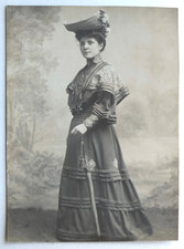 Very elegant lady, refined outfit umbrella hat - old photo postcard