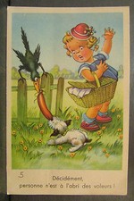 cpa illustrateur fantaisie fillette panier pique nique corbeau chien voleur 