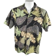 Chemise Aloha RJC Hawaïenne Grande Florale Verte Tan Marron Feuilles Noires