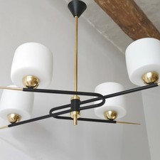 VINTAGE 1950 HOUSE ARLUS PENDANT CHANDELIER METAL BRASS GOLD & OPALINE GLASS