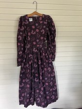 Vintage Laura Ashley Purple Floral Corduroy Prairie Long Puffy Sleeve Midi Dress