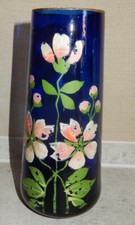ANTIQUE BLUE BLOWN GLASS HAND PAINTING ENAMELED FLORAL DECOR