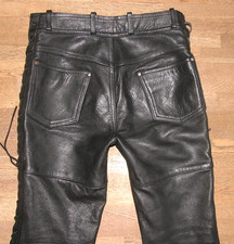 used!! Mens Lace Up LEATHER JEANS / Biker Leather Trousers in Black Approx W32 / L30-31