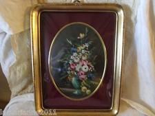 CADRE BOIS DORE PEINTURE FLORAL SUR HUILE VERRE BOMBE SIGNE FANNY PAINT PICTURE