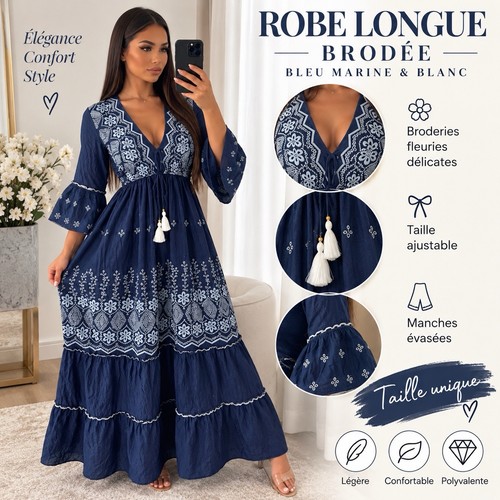 Robe longue femme boho - , brodée