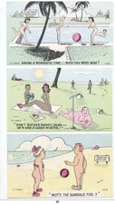 3 1956 NUDIST COMIC HUMOR Postcards: Swimming Pool, Sunlamp for Dad, Seaside