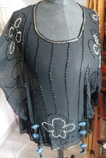 T44 Stunning 1920/30 Black Chiffon Veil Beaded Embroidered Top/Tunic