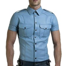 Hommes Cuir Chemise Manche Police Style D'Agneau Bleu Couleur Uniforme