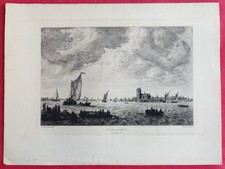 Gravure Ancienne XIX VUE DE DORDRECHT d'après JAN VAN GOYEN  par Marie DUCLOS sc