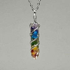 7 Chakra Real Gemstones in Orgonite Wire Wrapped Pendant With Chain Necklace  c