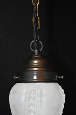 Rare early 1950s German art deco bronze brass & satin glass pendant light lamp