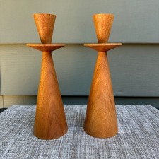 Pair of Handmade Hand Turned Wooden MCM Candlesticks Teak (?) 9.5"