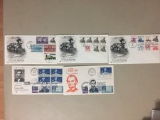 Five US fdc with COMBO stamps:3X LOCOMOTIVES+2X PRESIDENT LINCOLN