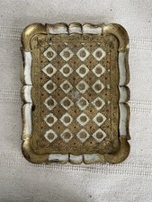 Plateau Vénitien Florentin Doré Blanc Rouge Fleur Ancien Vintage