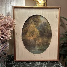 Pastel Ancien Signé Des Biches Buvant Dans Une Cascade