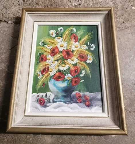 Peinture pot fleurs signé - fleurs,